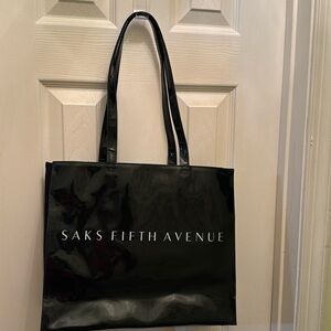 Saks Fifth Avenue black patent vinyl tote large L